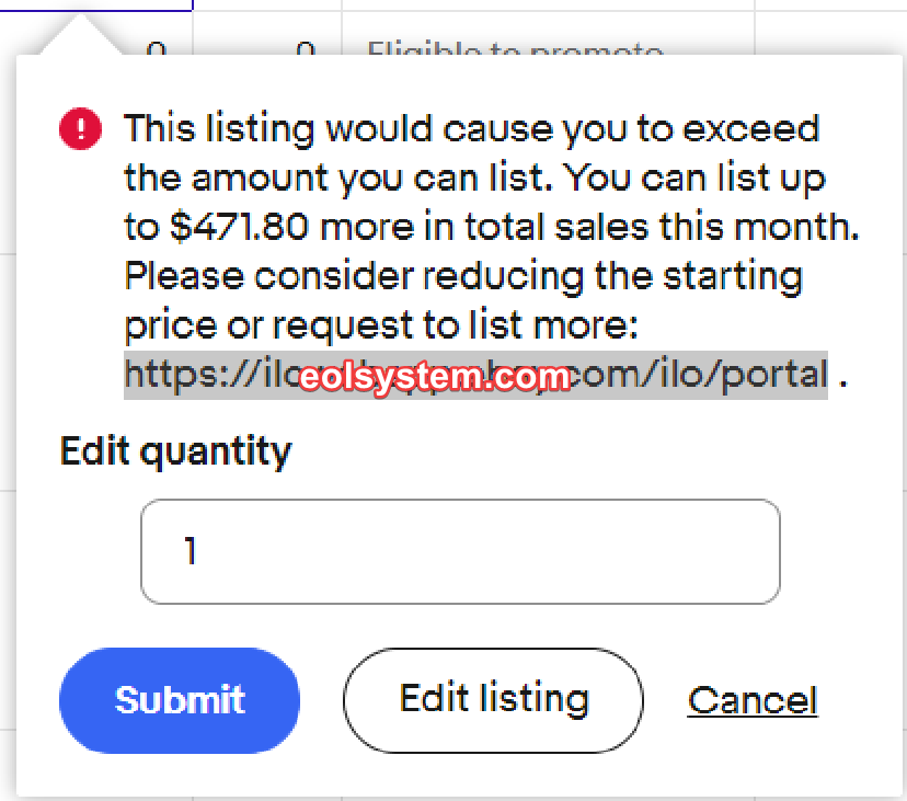 EBay Selling limits - This listing would cause you to exceed the amount you can list. You can list up to $XXX more in total sales this month. Please consider reducing the starting price or request to list more